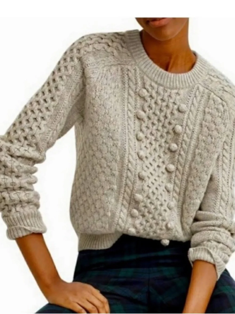 J. Crew Pom-Pom Cable Knit Lambswool Crewneck Pullover Sweater Grey Medium